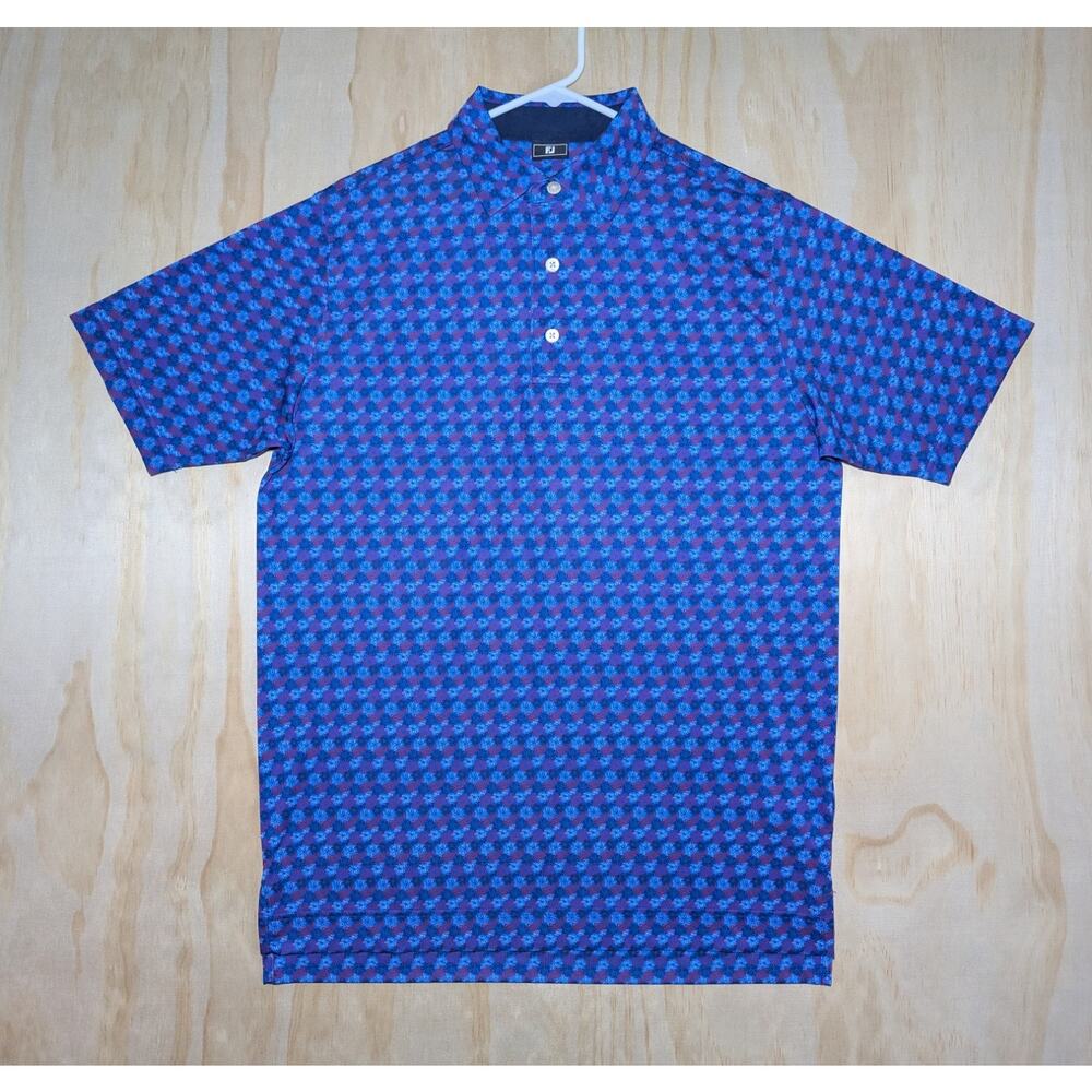 FootJoy Men's Small Golf Polo Shirt Blue Red Floral Starburst Stretch